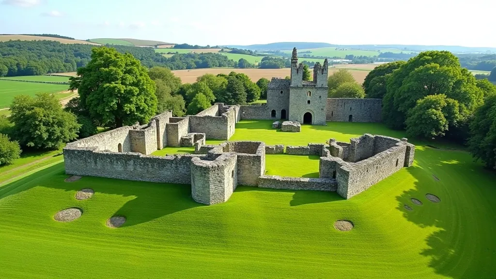 Expansive view of abbey ruins across grassy grounds with stone foundations and standing walls visible