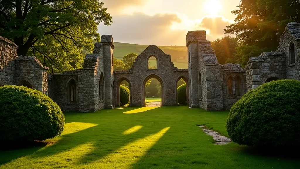Jerpoint Abbey historic ruins with surrounding gardens and natural landscape