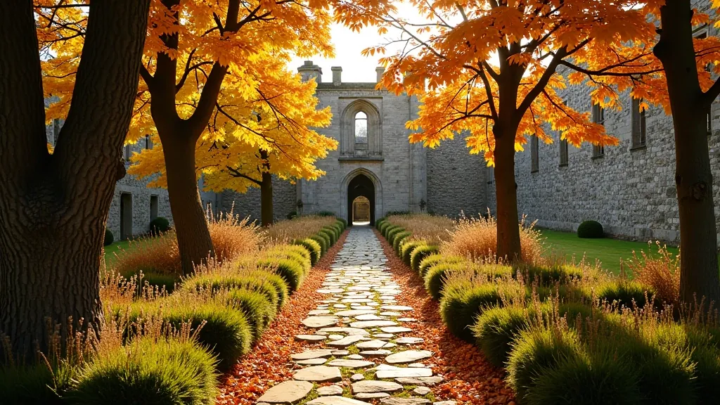 Autumn abbey garden with golden foliage, rust-colored leaves on trees, dormant garden beds, weathered stone pathways, warm afternoon light