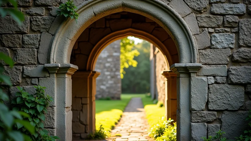 Close-up detail of weathered stone archway with carved patterns at historic abbey, showing centuries of age and architectural craftsmanship
