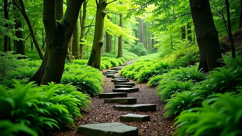 Winding woodland trail with stepping stones through green ferns and moss-covered trees in dappled sunlight