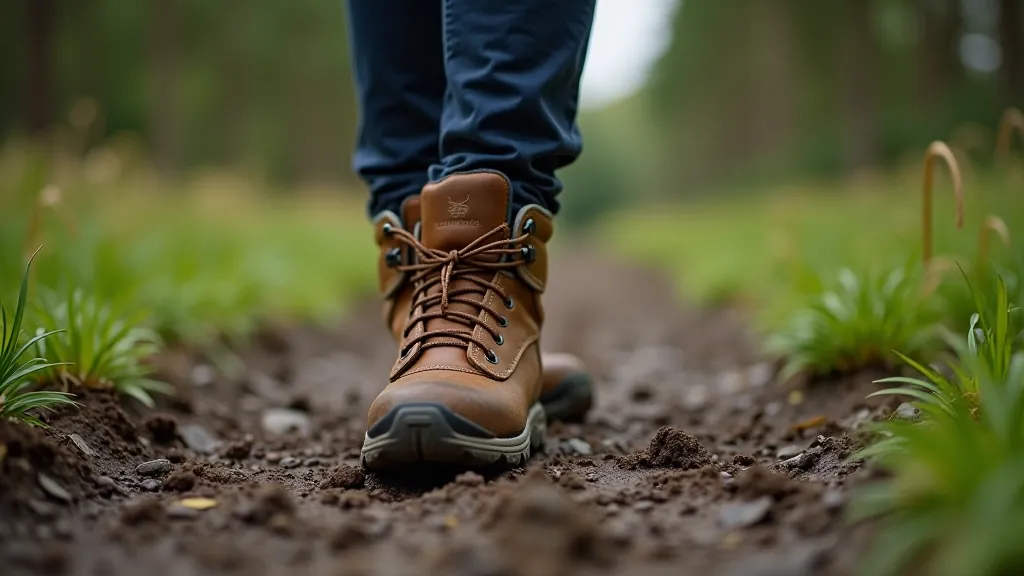 Hiking boots on muddy trail ground, grass and stone visible, overcast weather, weathered leather boot close-up