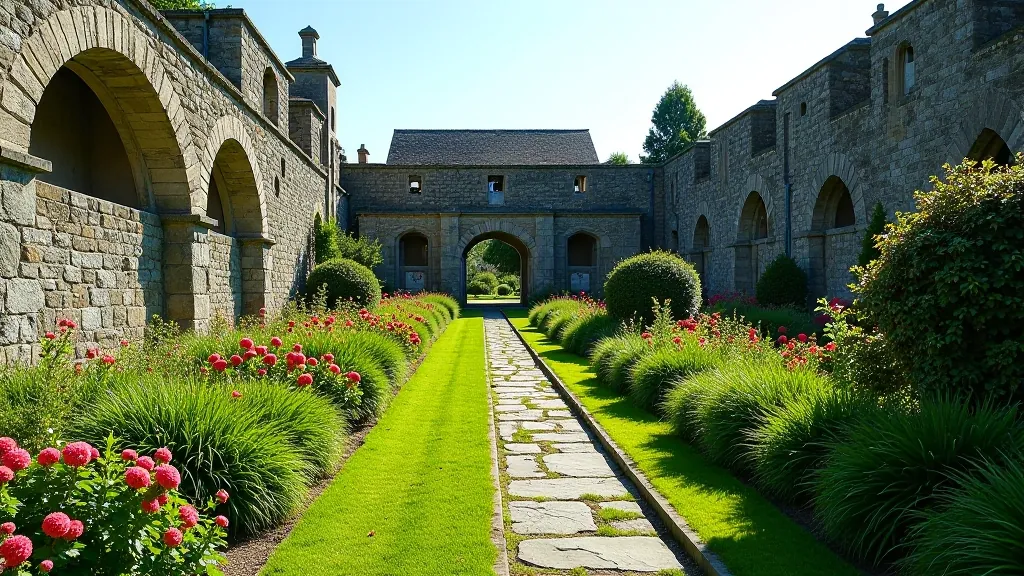 Medieval stone garden with flowering perennials, herb beds, and weathered stone walls on a sunny afternoon