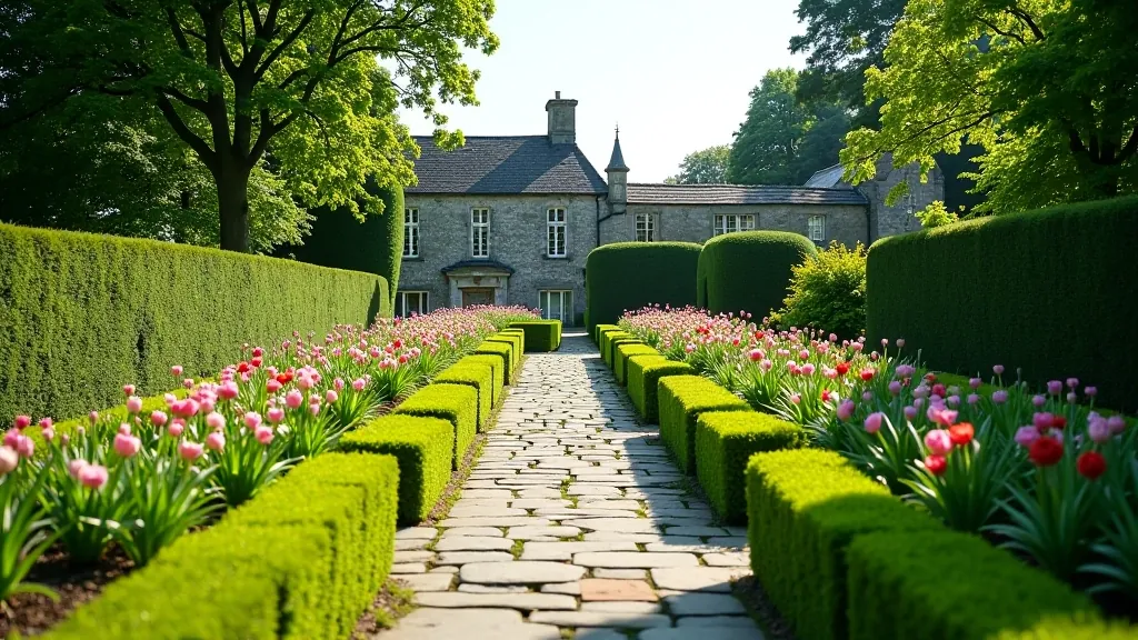 Historic garden with stone pathways, planted beds with colorful flowers, and medieval building in background