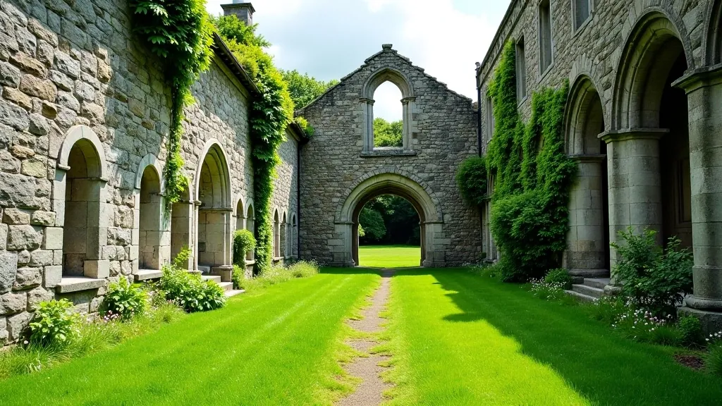 Historic stone abbey ruins with weathered walls and arched doorways surrounded by green ivy and grass
