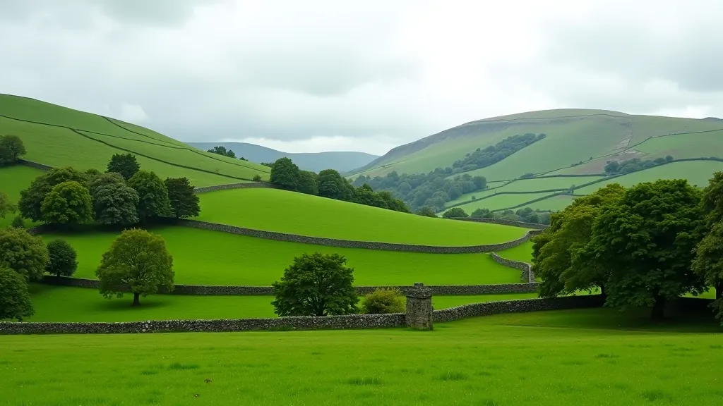 Rural Irish landscape with rolling green fields, scattered trees, overcast sky with breaks of blue, stone walls dividing fields
