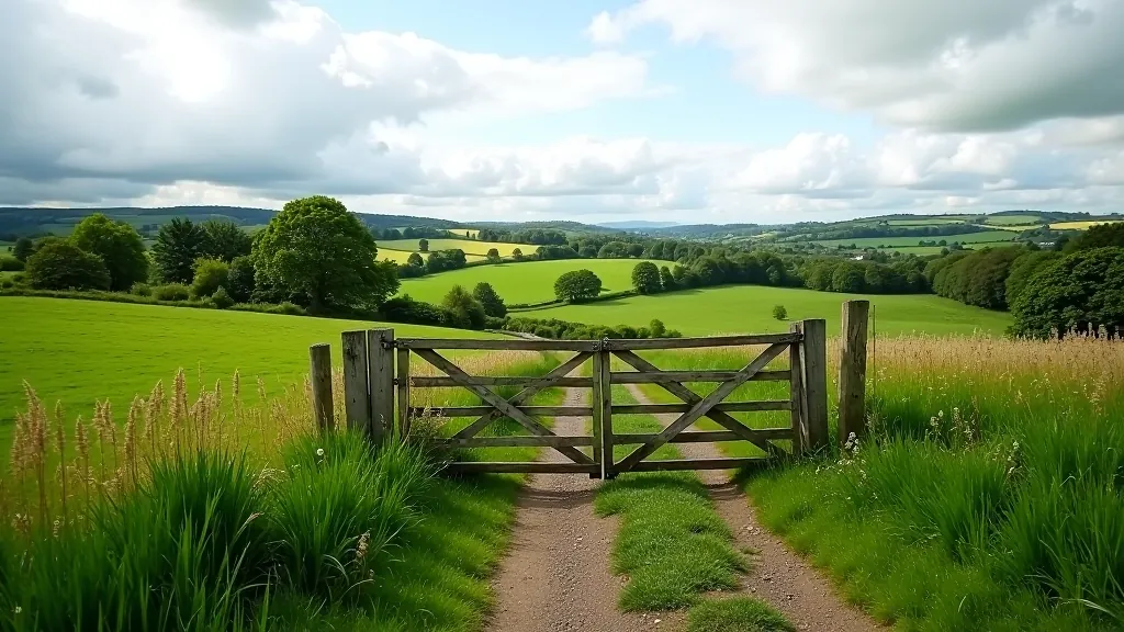 Rural farmland path with wooden gate and green fields under partly cloudy sky, Irish countryside