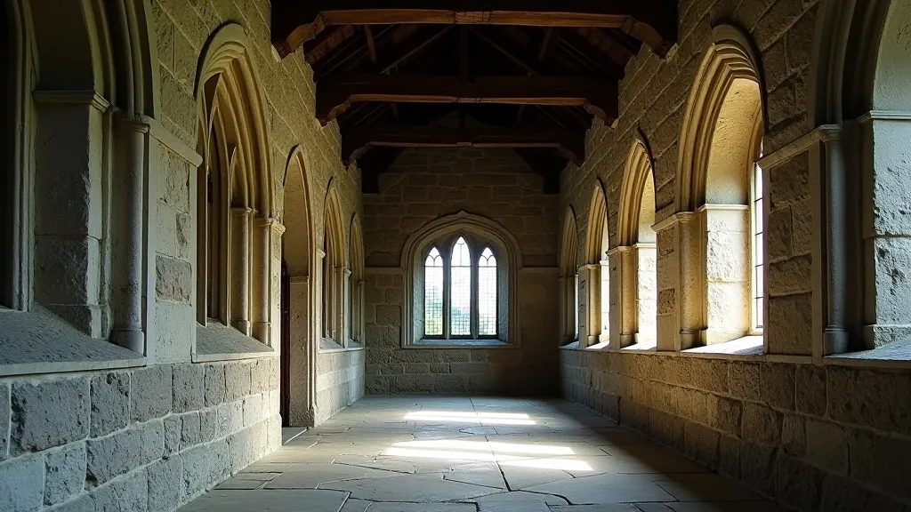 Interior of stone abbey church with tall walls, arched windows, and carved stone details