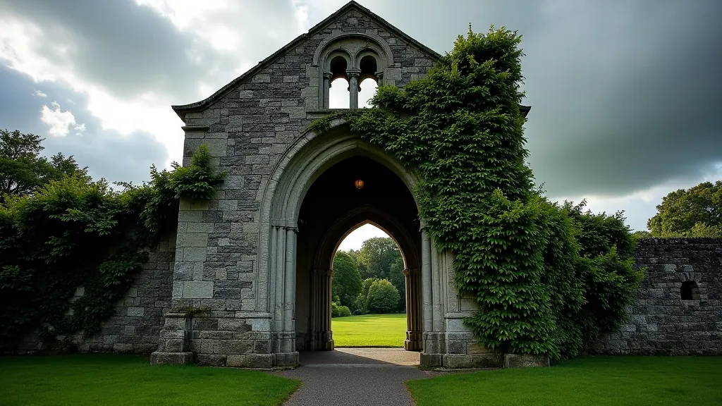 Stone archway entrance to historic abbey ruins, partially overgrown with ivy, dramatic cloudy sky above, weathered masonry visible