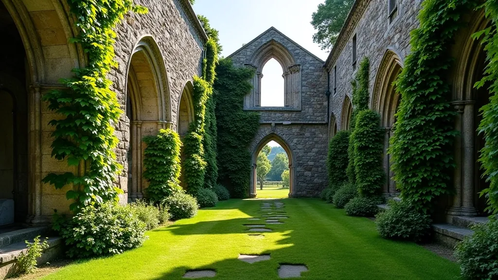 Stone abbey ruins with ivy-covered walls and clear blue sky, medieval architecture detail