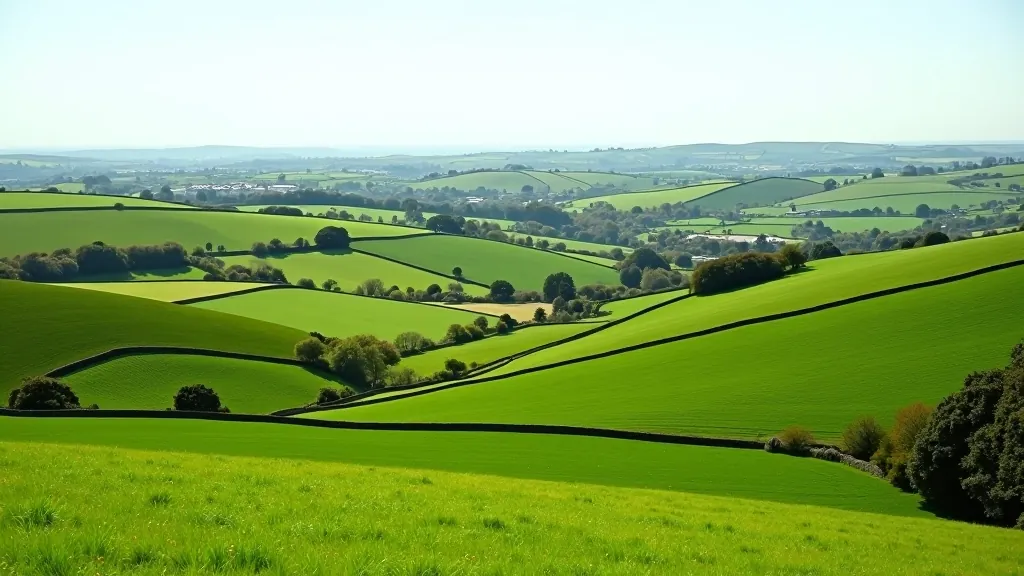 Countryside landscape showing rolling green farmland with stone walls dividing fields and distant tree lines