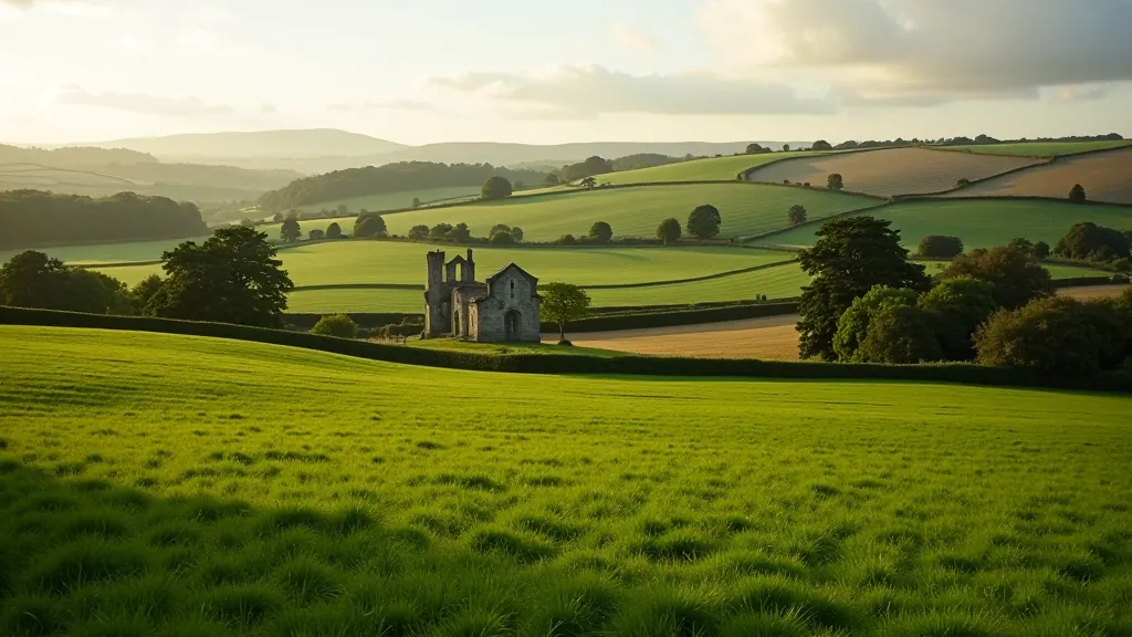 Scenic view of rolling farmland with ancient stone abbey ruins nestled among green fields and trees under blue sky
