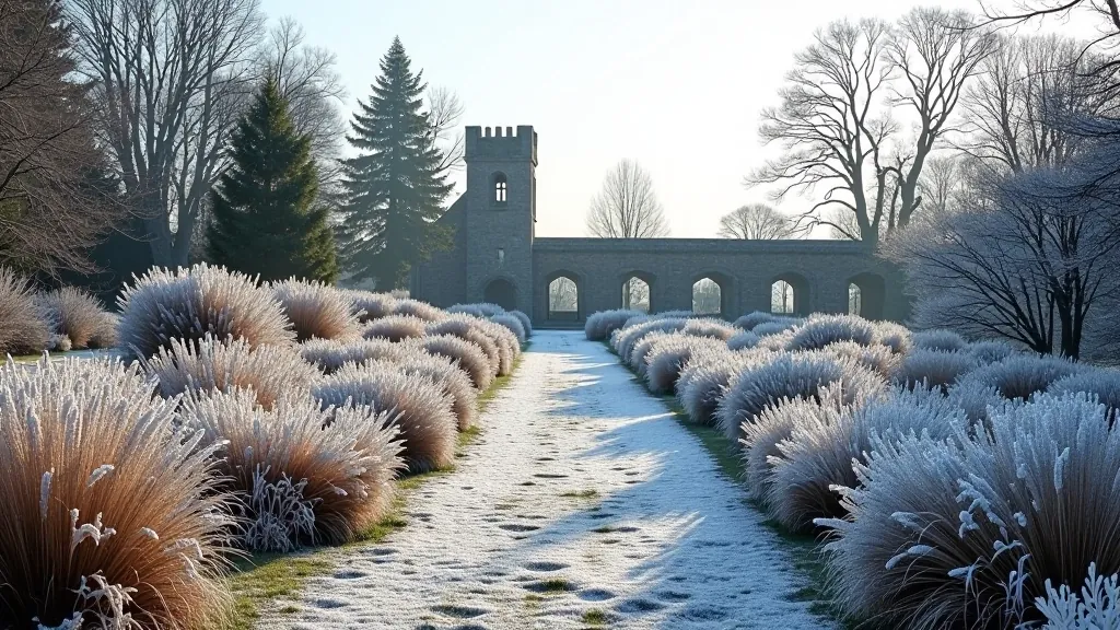 Winter abbey garden with frost-covered plants, bare trees, stone structures, pale winter light, quiet peaceful atmosphere